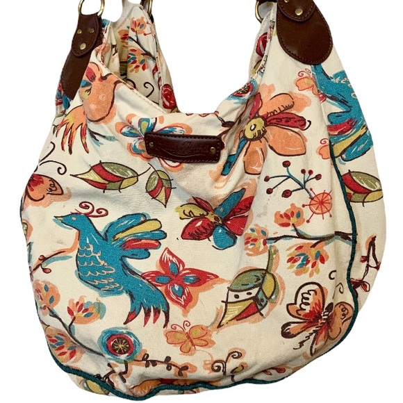 Lucky Brand Handbags - Lucky Brand Bird Butterfly Floral Hobo Tote Bag Canvas Leather